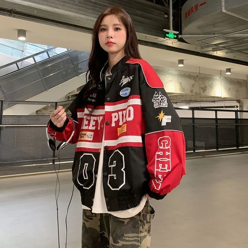 2023 Y2k Red White Bomber F1 Jacket Women Men Biker Racer Jacket Retro Hip Hop Grunge Clothes Trend Oversize Windbreaker Varsity