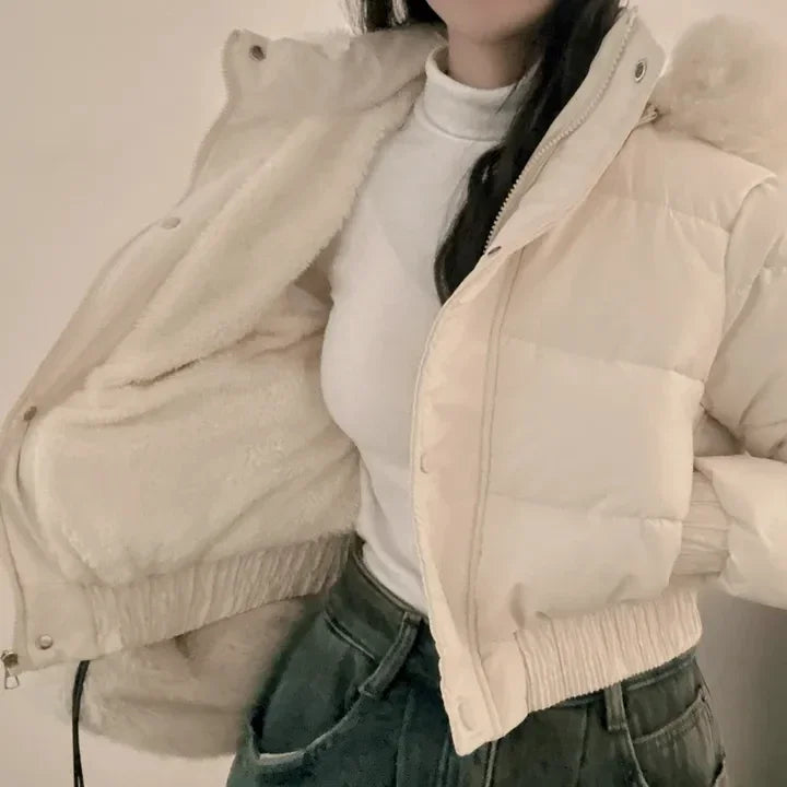 South korea Chic Autumn and Winter Fur Collar Hood Short down Coat Women Fashion Thick Warm Fleece-lined Cotton-padded jacket...