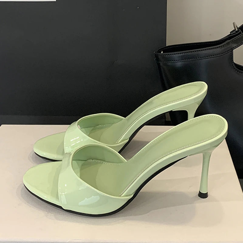 Liyke Wine Red Patent Leather Women Slippers Sandals Fashion Round Open Toe Thin High Heels Mules Slides Summer Party Dress Shoe