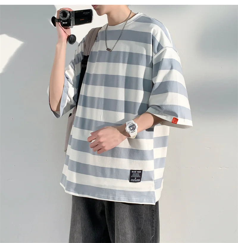 Men's Cotton T-shirt Striped Mens Oversized T Shirts Split Hem Fashion Tee Shirts Casual Wear Summer Tshirt 5XL Big Size for Man