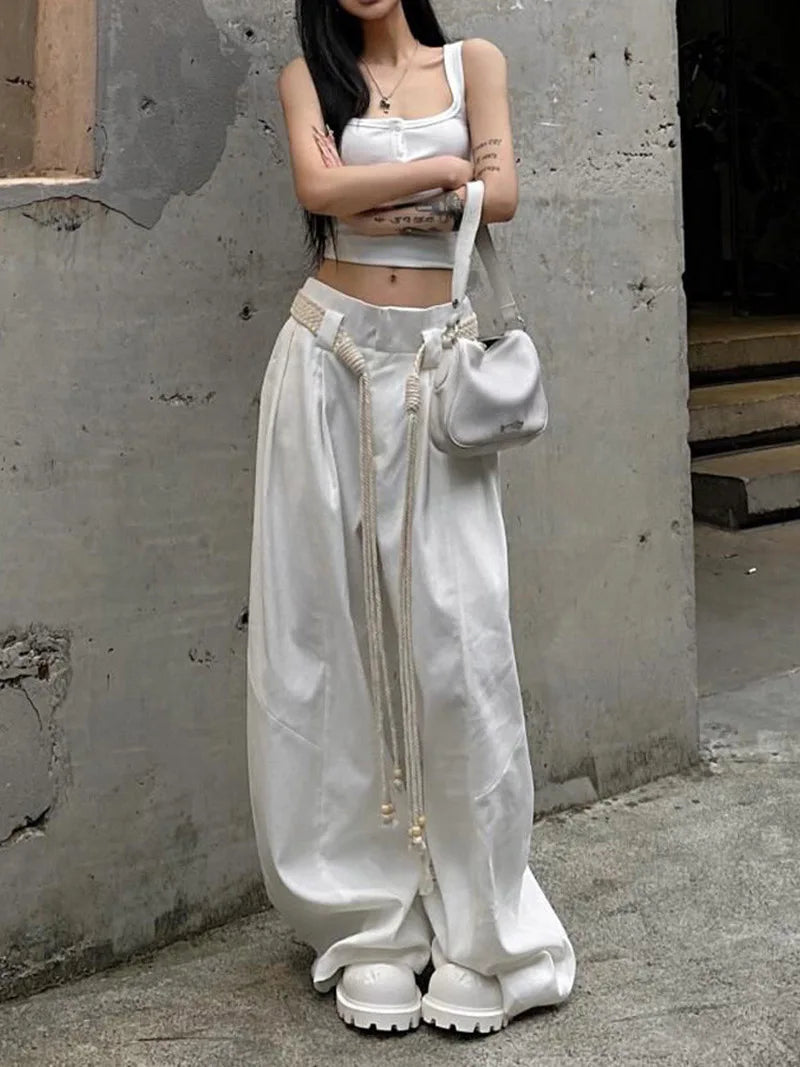 Y2K Casual Wide Leg Pants Women American High Street Fashion Sweatpants White Loose All Match Pleated Trousers Female New