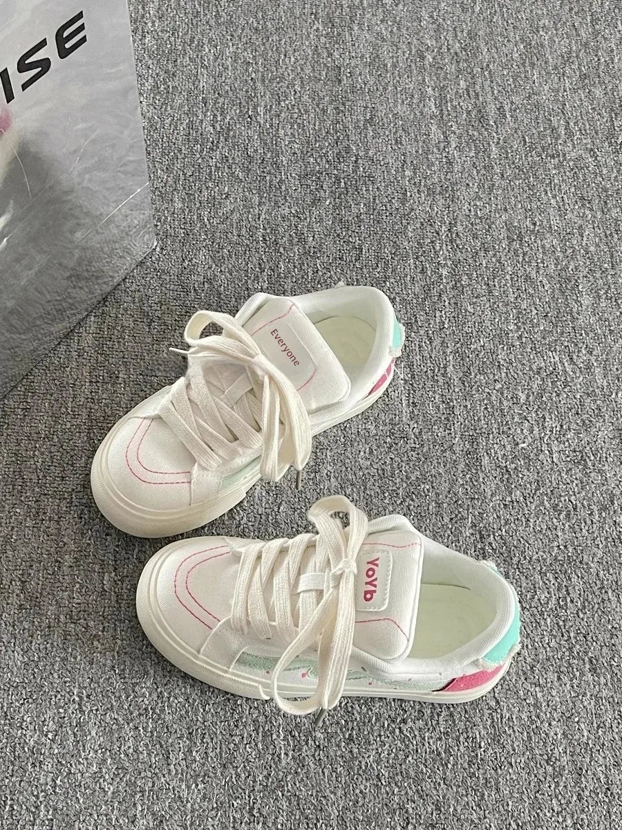 Korean Style Thick Bottom Canvas Shoes Women's Low Top Casual Student Sneakers Flat Heel Cotton Lined Adult Pure Color