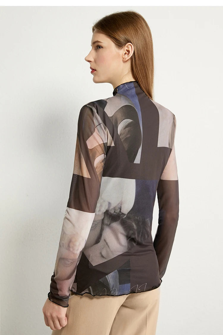 AMII Minimalism Long sleeve T-shirts for Women 2025 Spring New Bottoming Shirt Mesh Printing Inside Slim Trendy Tops 12421003