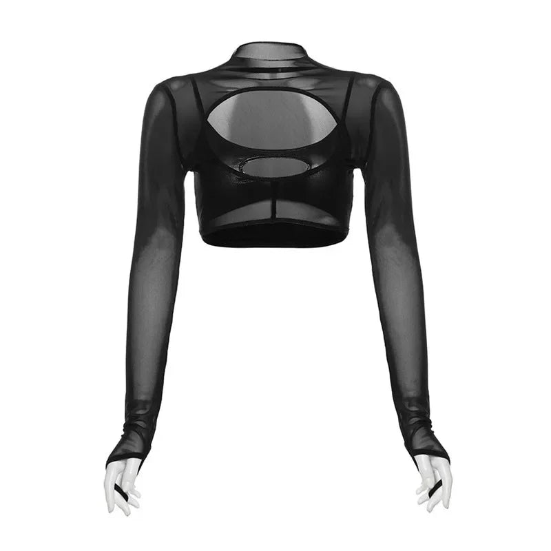 See Through Y2k Clothes Hollow Out Mesh Crop Top Skinny Camisole Mini Ropa De Mujer Rave Outfits 2 Pcs Set T Shirts For Women