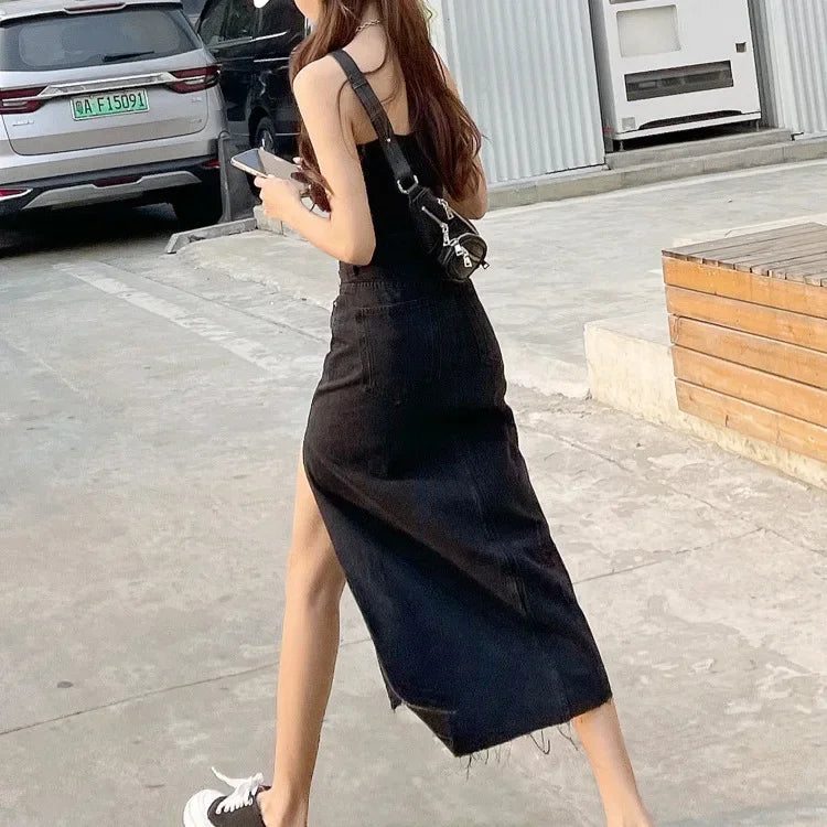 Mid-Length Denim Mini Skirt for Women High Waist Slimming Split Knee-Length Summer Trendy Cotton Half Body Skirts