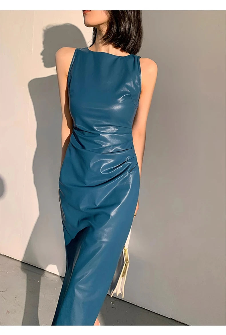 Lautaro Spring Autumn Sleeveless Backless Black Stretchy Blue Soft Faux Leather Midi Tank Dress Women Slim Fit Long Dresses 2023