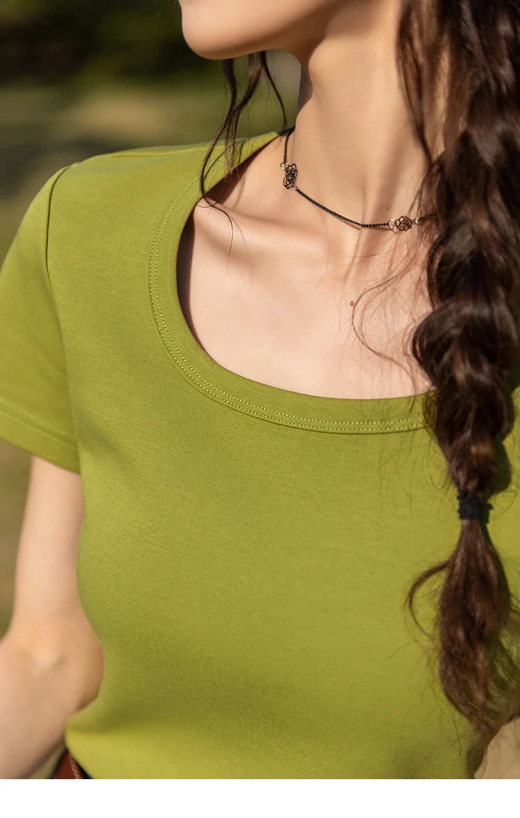 MISHOW Short Sleeve T-shirts Women Spring Solid Square-neck Top Elegant Woman Clothes Office Lady Cotton Tees MXC12T0641