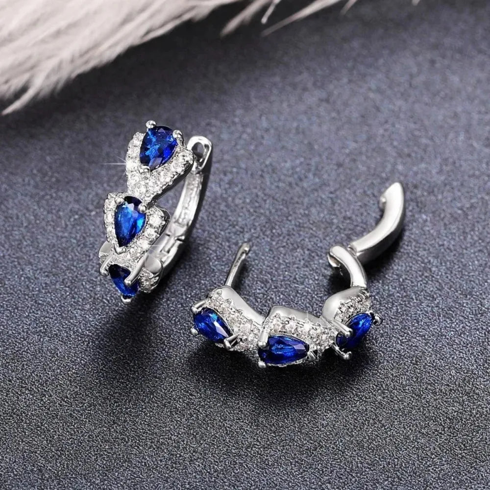 925 Sterling Silver Luxury Trendy Blue Cubic Zirconia Hoop Earrings Wedding Party Elegant Accessories for Women Jewelry Gift