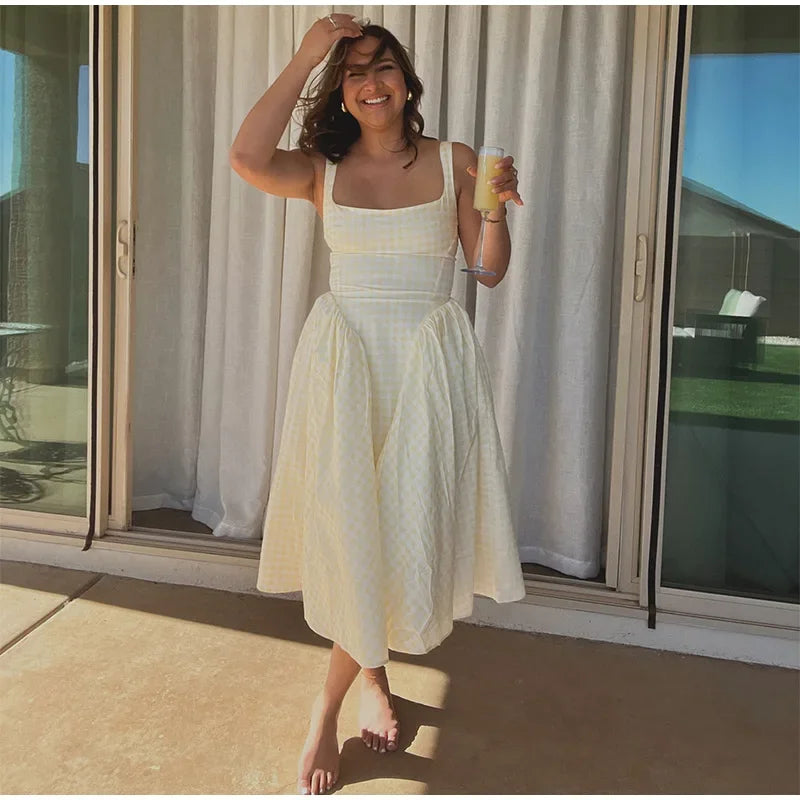 Women Fashion Plaids Pleated High Waist A-line Dress Elegant Sleeveless Backless Slim Long Dresses Summer New Party Streetwear