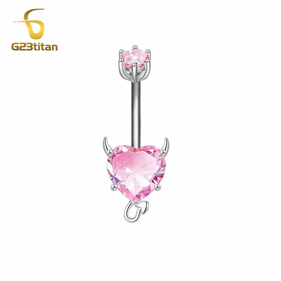 G23Titan Sexy Evil Heart Belly Button Ring Pink CZ Zircon 14G Titanium Navel Piercing Bar Women's Body Party Jewelry Accessories