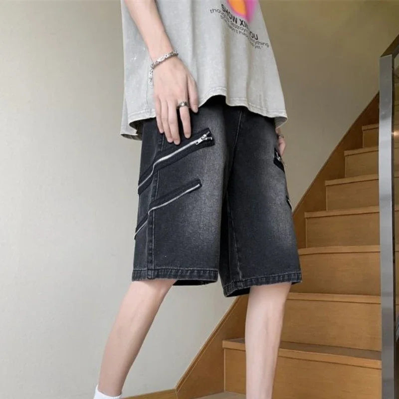 With Pockets Loose Bermuda Half Baggy Man Denim Shorts Long Wide Short Jeans Pants for Men Trend 2025 Harajuku Designer Blue Emo