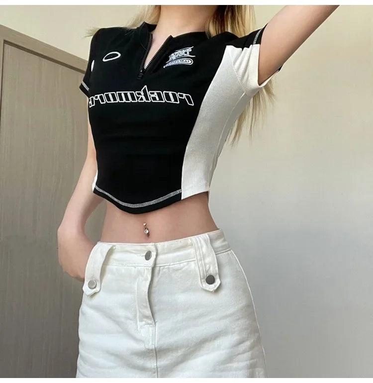 Summer New Pure Desire Spicy Girl Patchwork Contrast Color Embroidery Slimming Zipper Short Sleeve T-Shirt Women's Top