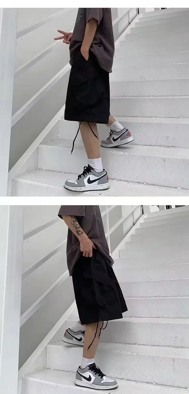 Loose Casual Men's Workwear Shorts Summer Wide Leg Drawstring Five-Quarter Pants Retro Japanese Style Outerwear Shorts