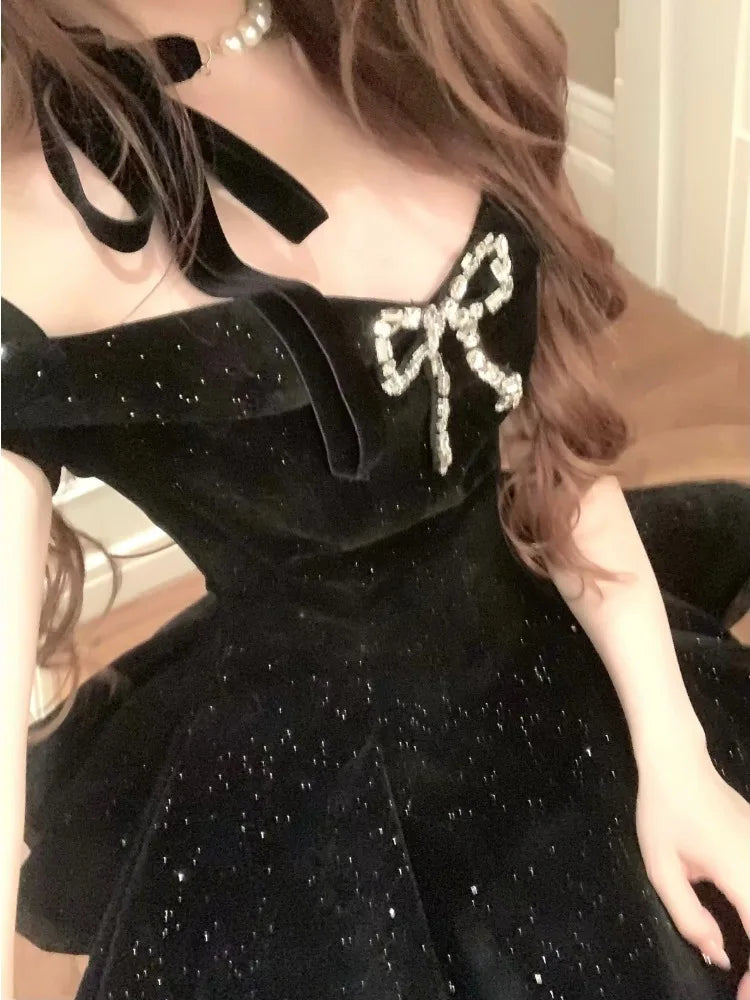 French Black Vintage One Piece Dress Woman Gothic Off Shoulder Bow Short Dresses Female Fairy Birthday Party Chic Outfit 2025