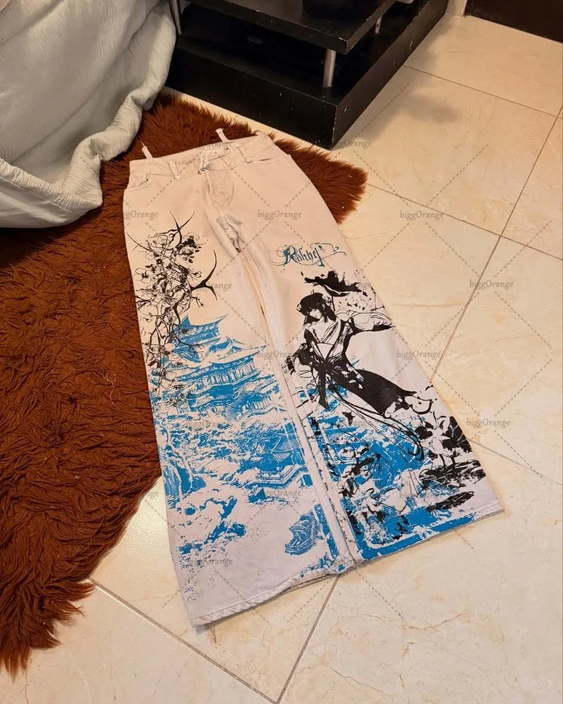 Y2K Harajuku Anime Printed Baggy Cargo Jeans Hip-hop Streetwear Trousers Gothic Punk High Waist Wide-leg Straight Pants Women
