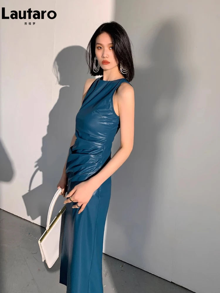 Lautaro Spring Autumn Sleeveless Backless Black Stretchy Blue Soft Faux Leather Midi Tank Dress Women Slim Fit Long Dresses 2023