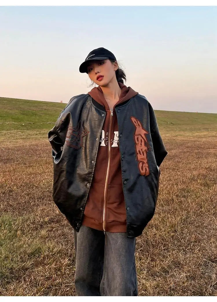 American retro letter embroidery leather Jacket Coat women's Y2K street hip-hop trend baseball suit couple casual leather jacket