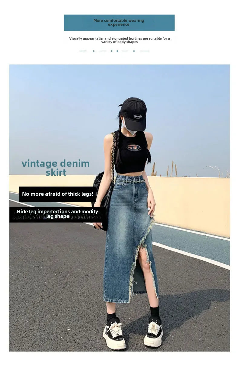 Fashionable Denim Skirt For Women High-waisted A- line Hip Covering Long Dress Casual Style Perfect For Summer 2024