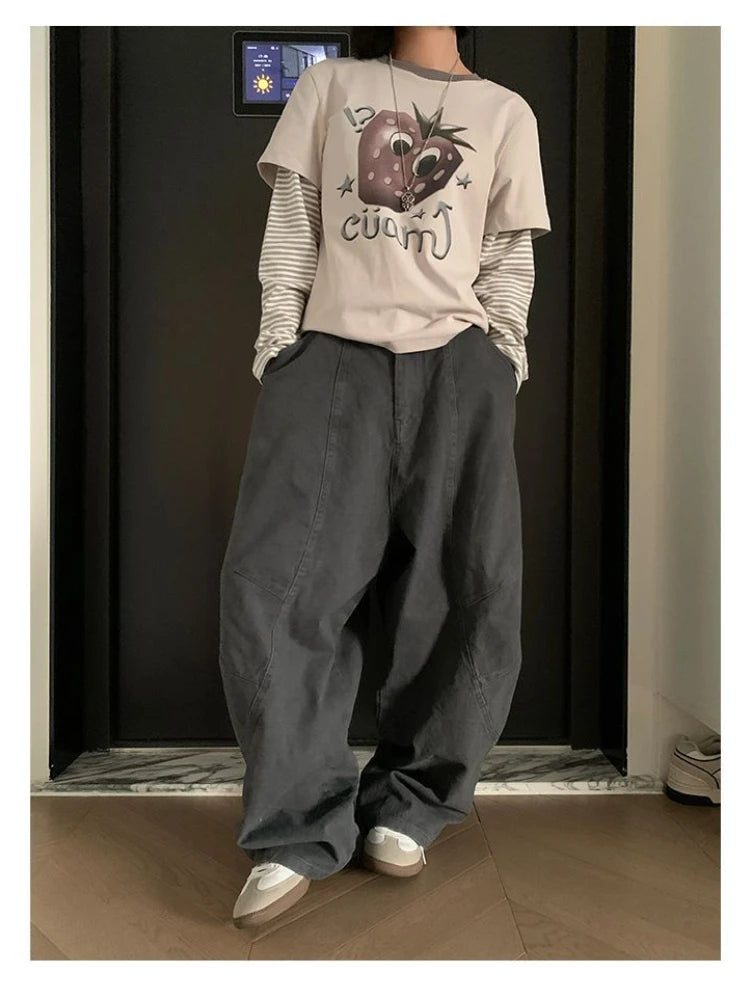 HOUZHOU Y2K Vintage Wash Women Cargo Jeans Harajuku Scimitar Wide Leg American Retro Denim Pants Baggy Trousers Gyaru Streetwear