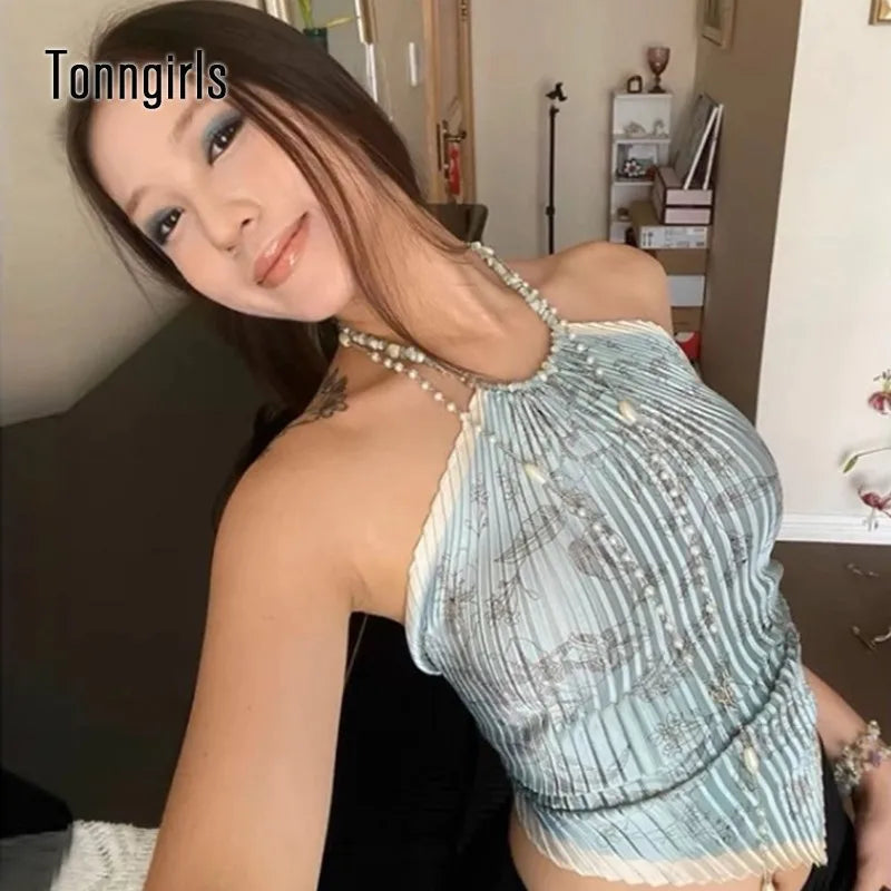 Tonngirls Vintage Tie Dye Tank Tops Women Sleeveless Lace Up Y2k Retro Camis Tops Backless Summer Korean Style Tank Tops 2000s