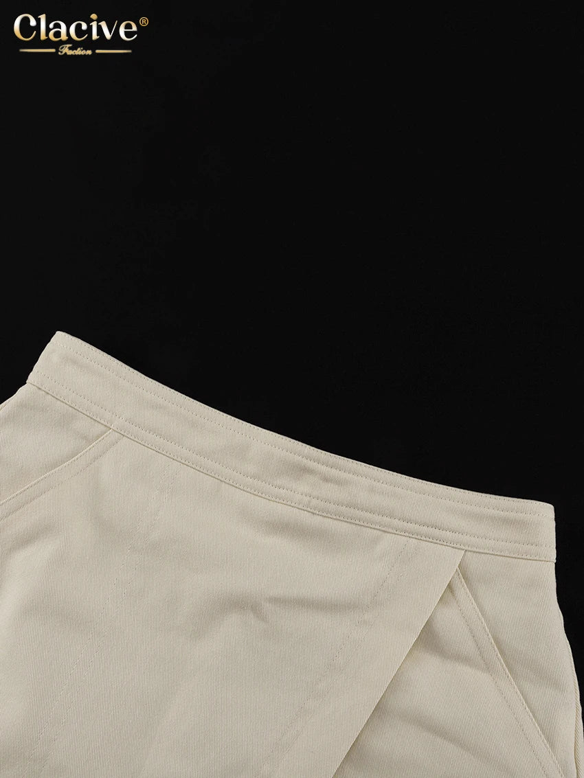 Clacive Fashion Loose Beige Cotton Women's Two Pieces Set Summer Short Sleeve Shirt With High Waist Shorts Set Female Clothing