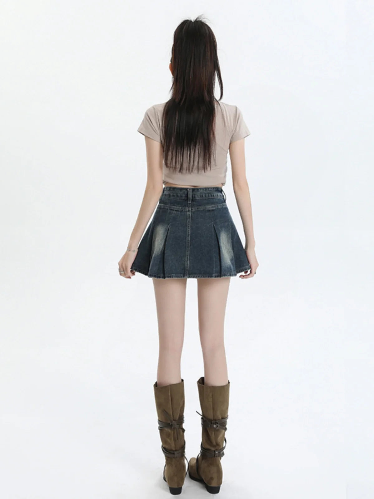 American Sle Versatile High Waist Denim  Skirt Women's Summer New plus Size Pleated Skirt Small Size Slim A-Line ves