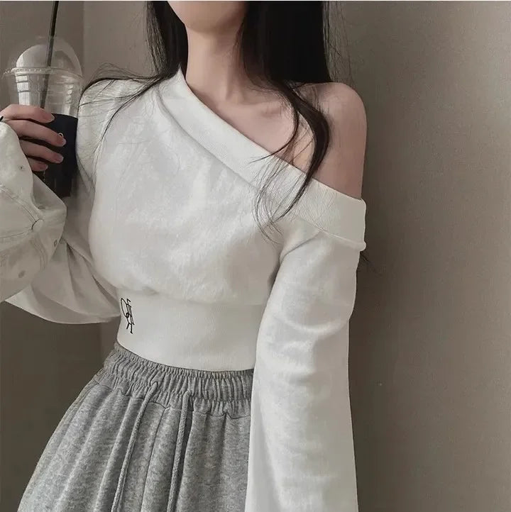 Women's Autumn Off-the-shoulder Sweatshirt Cropped Top Embroidery Loose-fit Windy Sweet Girl Hoodies Thin Material