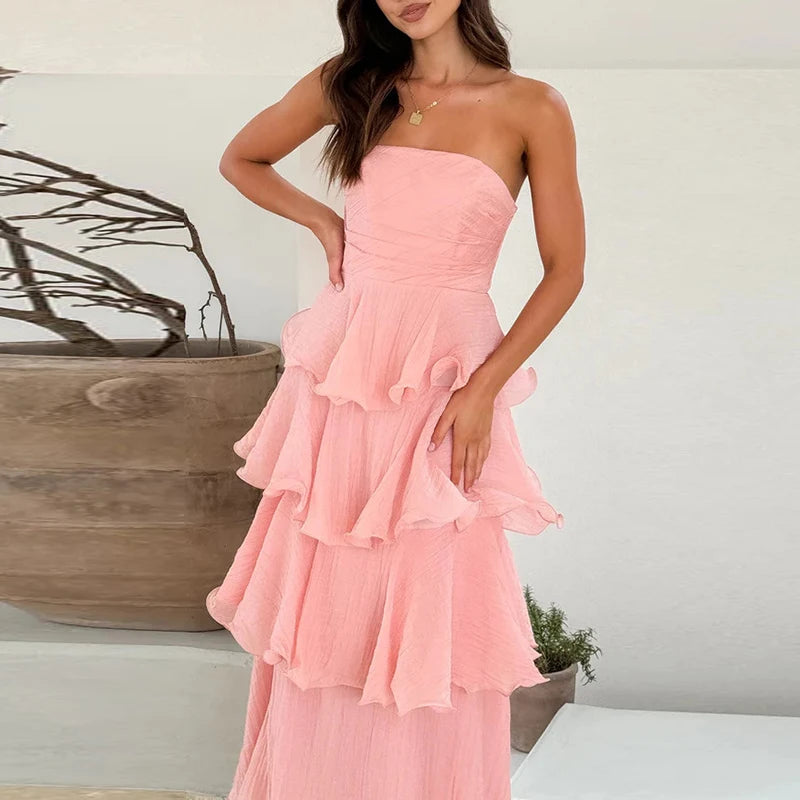Women 2025 Backless Sleeveless One Piece Office Long Dress Elegant Solid Evening Dress All Match Layered Ruffle Slim Party Dress