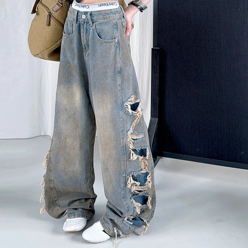 Kids Child American Vintage Washed and Distressed Jeans with Side Hole For Girl High Street Fashion  Wide Leg Broken Denim Pants