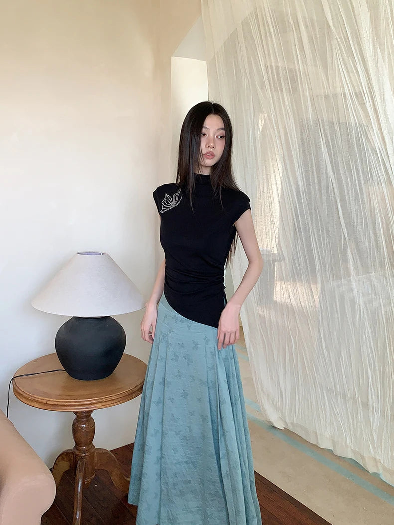 CHEERART Vintage Butterfly Sleeveless Black T Shirts Women Turtleneck Asymmetrical Top Designer Fashion Crop Top Clothing