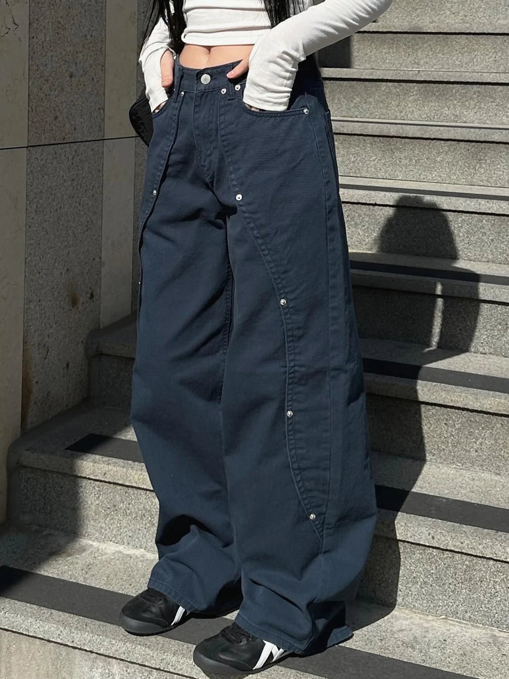 IAMSURE Casual Loose Rivet Jeans Wide Leg Pants Basic Low-Waisted Straight Pants Women 2025 Spring Autumn Streetwear Ladies