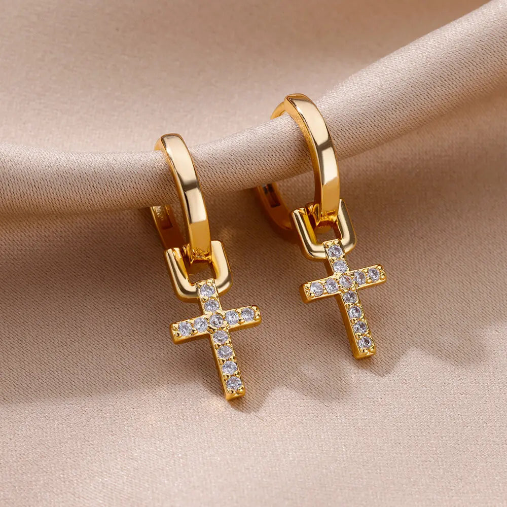 Zircon Cross Dangle Earrings For Women Girls Stainless Steel Cross Earring 2023 Trending Couple Wedding Aesthetic Jewelry aretes