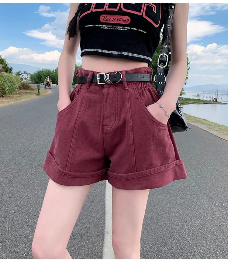 Women's Wine Red Denim Shorts High Waist Wide Shorts Harajuku Streetwear Korean Style Y2k Casual Blue A Line Jean Shorts Summer