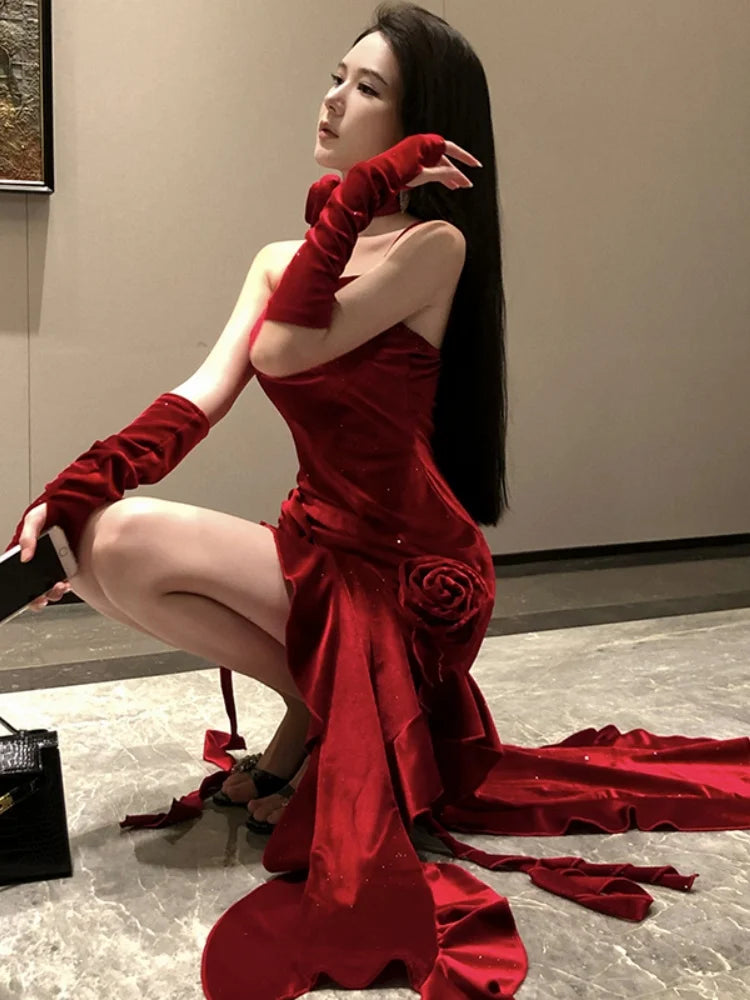 Women Elegant Irregular Ruffles Velvet Red Spaghetti Strap Dresses Sexy Bodycon Side Slit Evening Party Dress Female  Vestidos