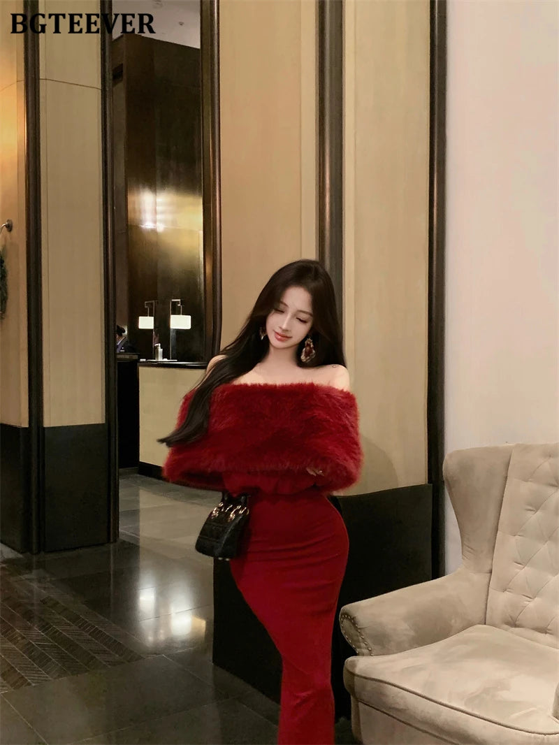 BGTEEVER Autumn Winter Fashion Slash Neck Ladies Skinny Package Hip Sweater Dress Elegant Long Sleeve Female Slim Knitted Dress