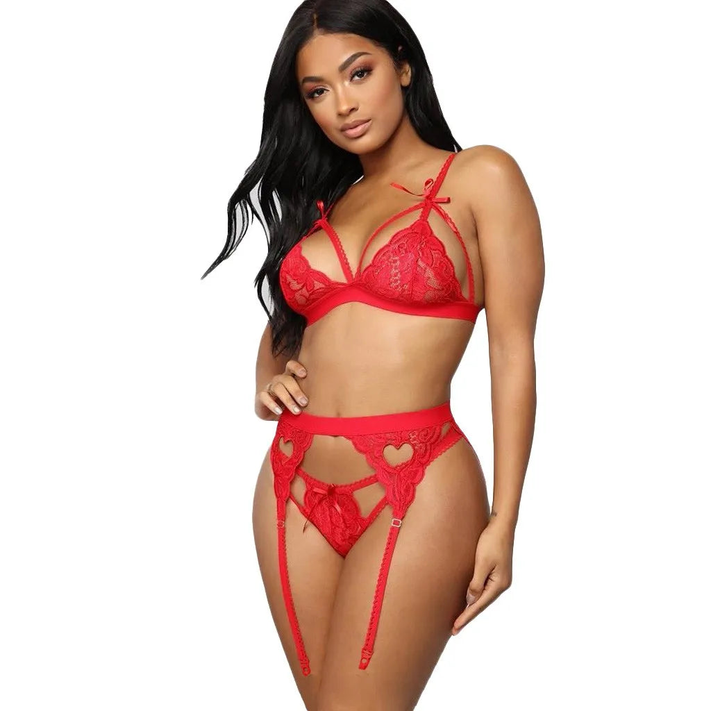 Leechee Sexy Women's Underwear Floral Lace Lingerie Set With Garter Black Wire Free Brassiere Transparent Underwear Bra Sets