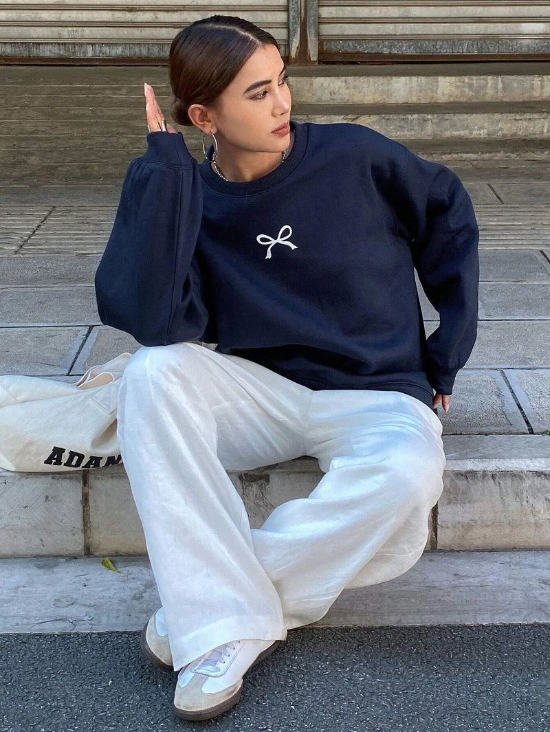 Casual Women's Sweatshirts Kawaii Bow Graphic Prints Pullover Comfortable Warm Oversize Hoodie Autumn Fleece Soft Female Clothes