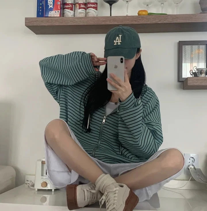 Spring 2025 Women's Chic Loose Casual Lazy Sle Striped Hooded Jaet with ket Open Cardigan Sweatirt Comfortable Fit