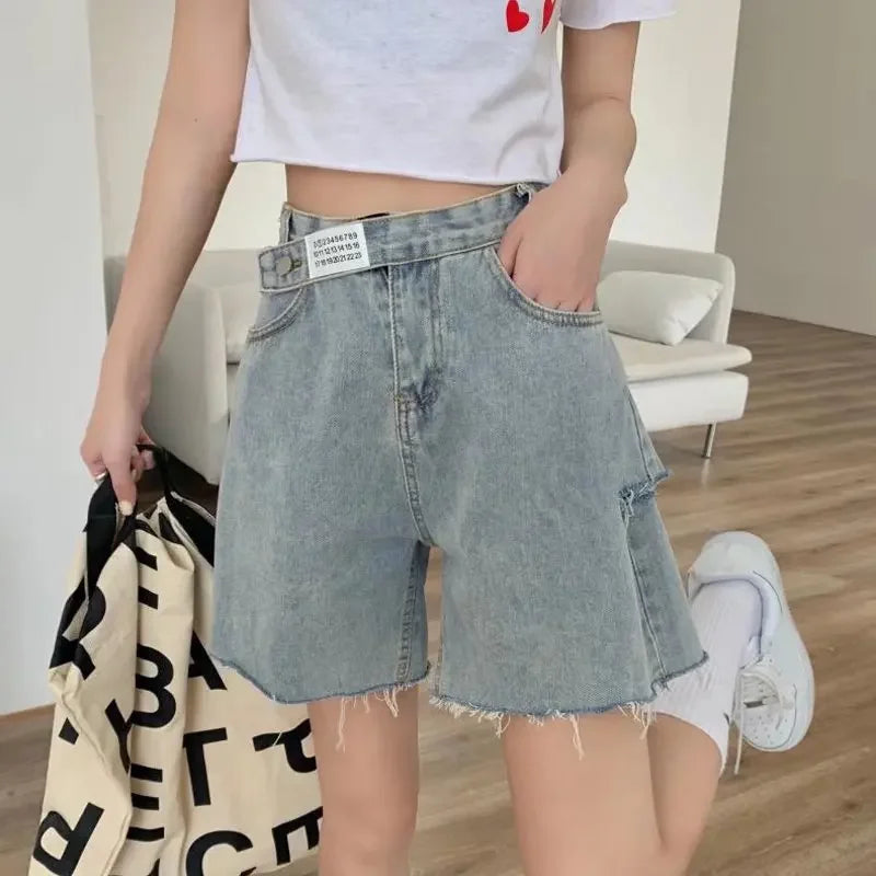 High Waist Skinny Jeans Shorts Women's Five-Quarter Thin New Style Hot Sale Of The Season Hole Design Straight Leg plus Size Hot