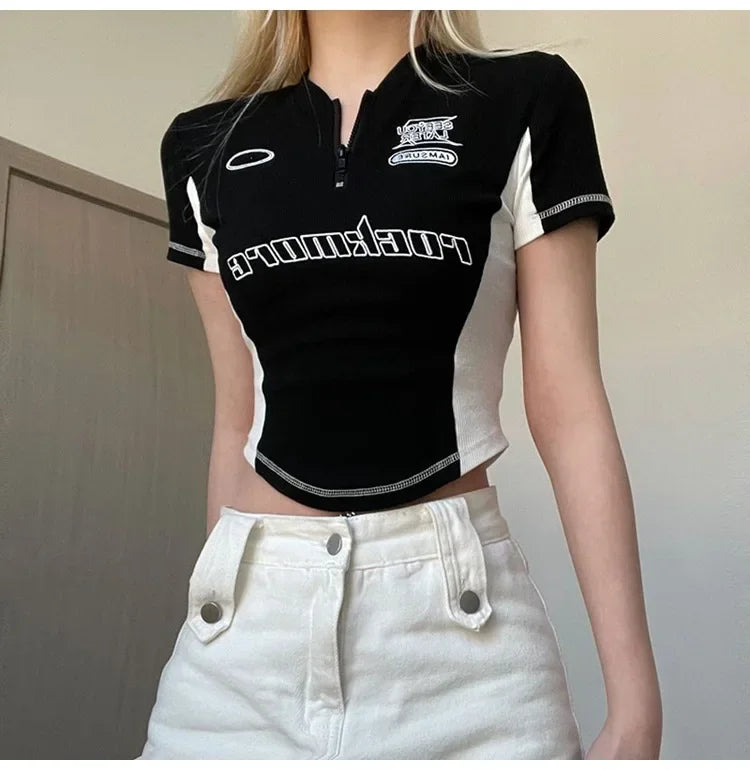 Summer New Pure Desire Spicy Girl Patchwork Contrast Color Embroidery Slimming Zipper Short Sleeve T-Shirt Women's Top