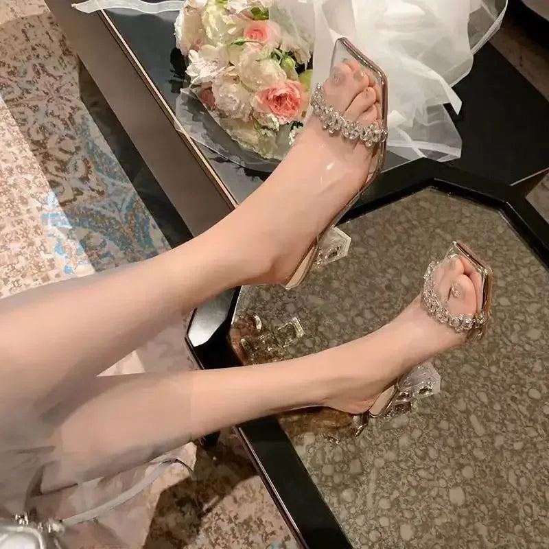Transparent Crystal Sandals Women's Mid Heel High Heels Summer New Outdoor Wear Diamond Studded Fashionable Rubber Sole