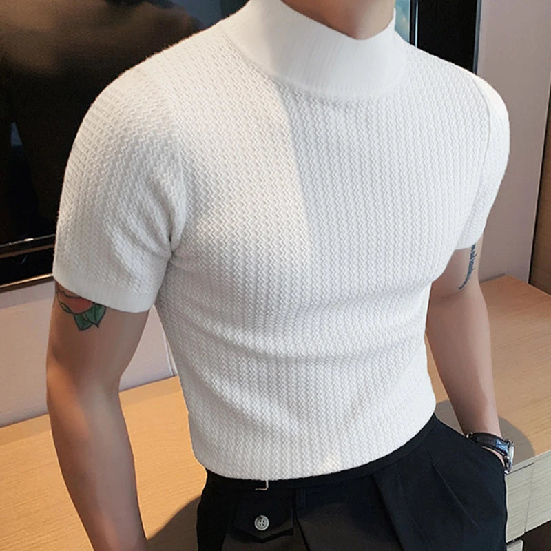 New Summer Fashion Tight T-shirt Casual Streetwear Textured High-neck Solid Color Short-sleeved Bottoming Tees Korean Style Tops