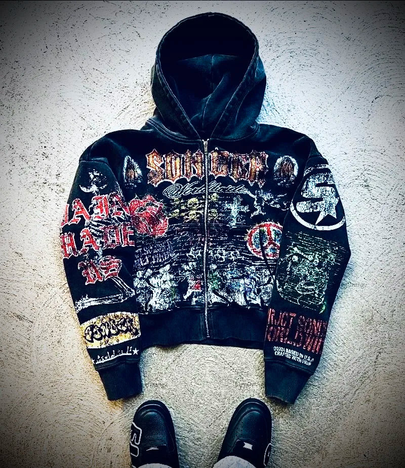 American Retro Y2K Skull Graphic Zipper Hoodie Men Gothic Punk Trendy Streetwear Jacket Hip Hop Harajuku Oversized Sweatshirt