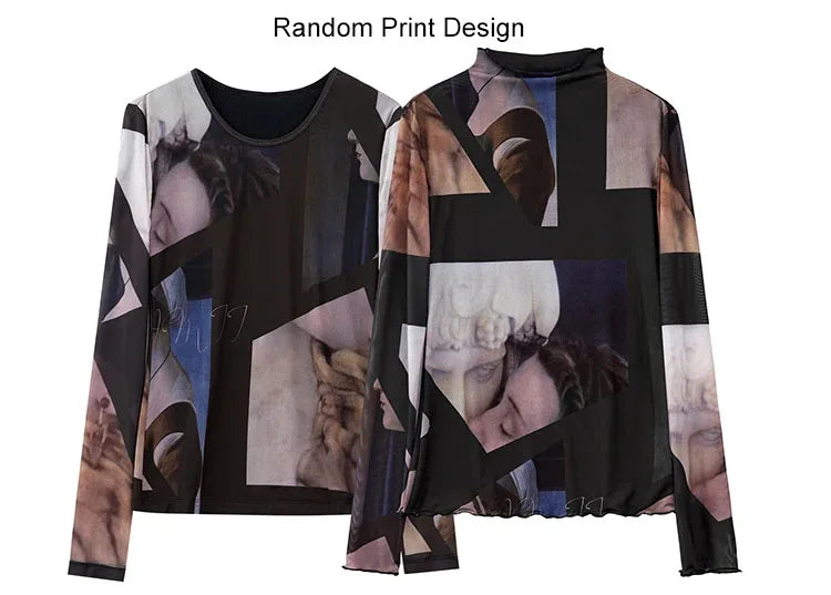 AMII Minimalism Long sleeve T-shirts for Women 2025 Spring New Bottoming Shirt Mesh Printing Inside Slim Trendy Tops 12421003