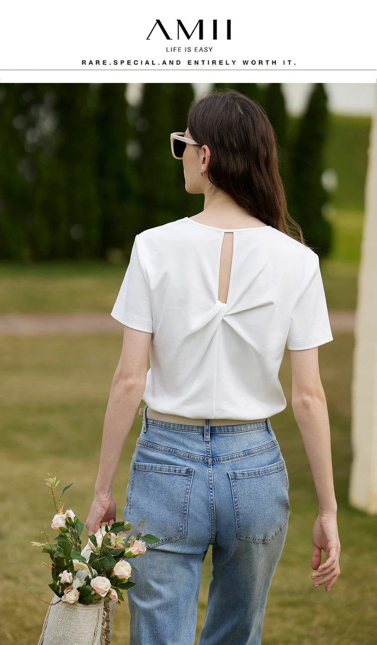 AMII Minimalism 100% Cotton Hollow Out Solid Short Sleeves Tees 2025 Spring New V Neck Top Women Casual Female T Shirt 12342289