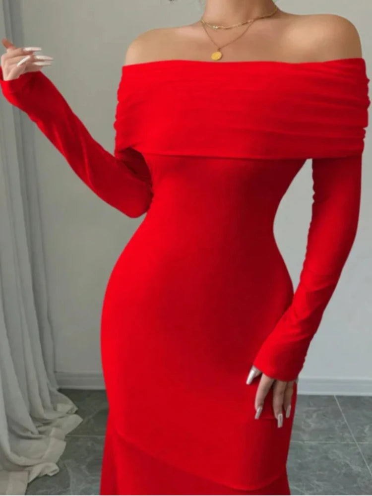 European and American 2025 Cross border Spring/Summer New French Fashion One Piece Collar Slim Fit High Waist Sexy Banquet Dress