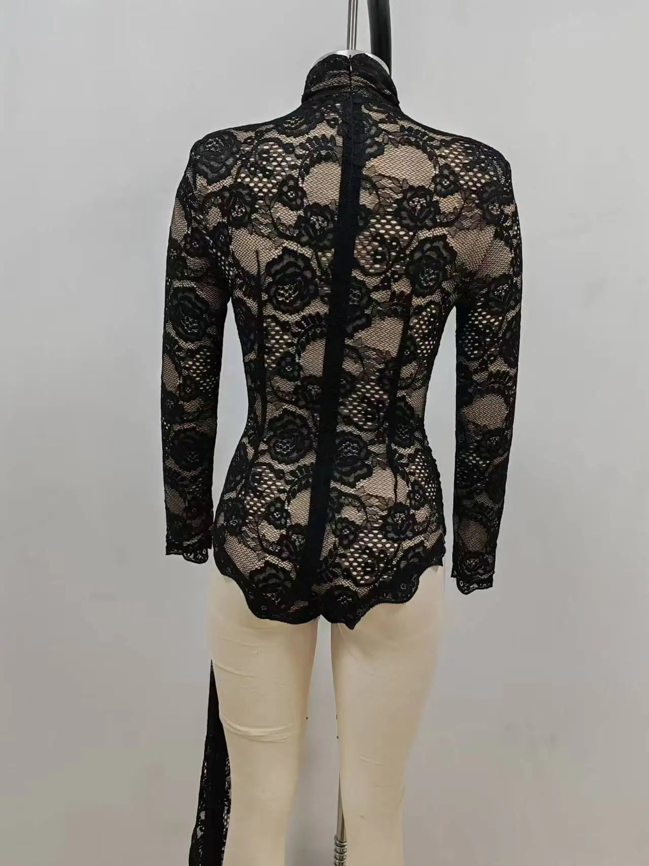 2024 New Autumn White Black Women Sexy Long Sleeve Lace Bodycon Draped Bodysuit Fashion Performance Costume Stage Wear