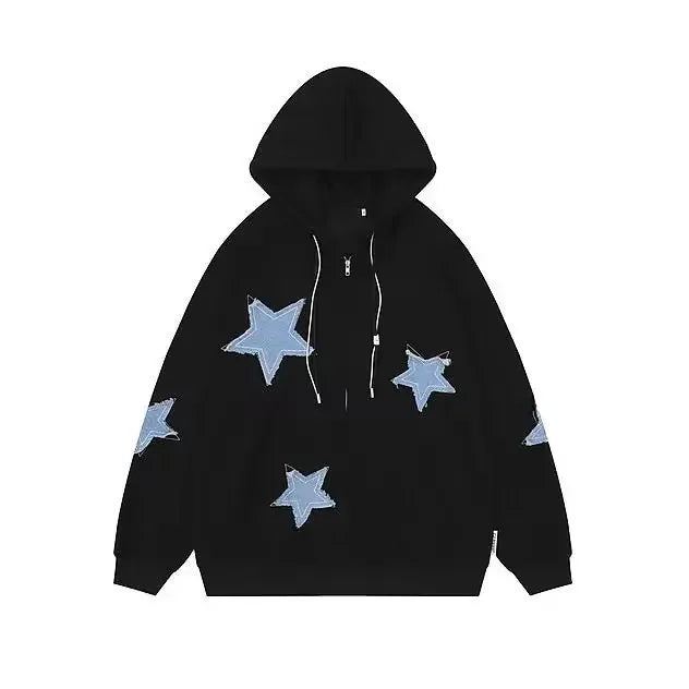 Vintage Star Print Hooded Sweatshirt Unisex Loose Fit Fashion Jacket For Men Women Ideal For Couples