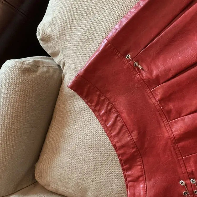 American PU Leather Pleated Skirt Women Slim High-waisted Design Mini Skirt Red Black