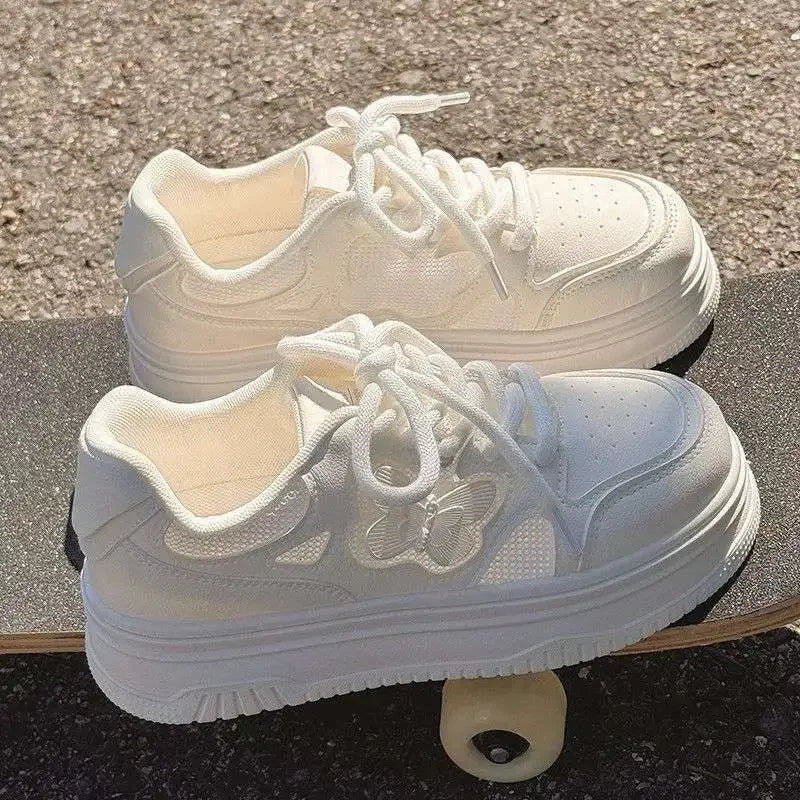 Summer Thick Bottom Casual Sports Shoes Women's New Style Breathable PU Material Comfortable All-Match Chic White Sneakers